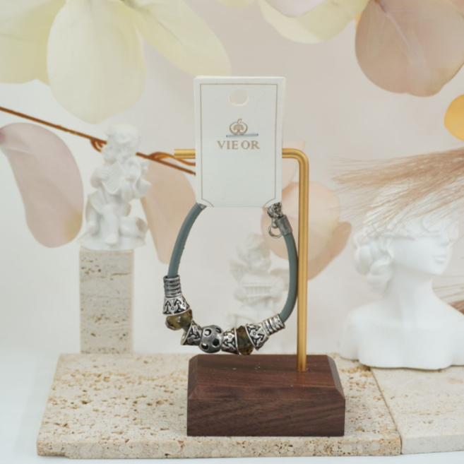 pulseras vie or de cuero negro con cuentas metálicas 12 uds I27