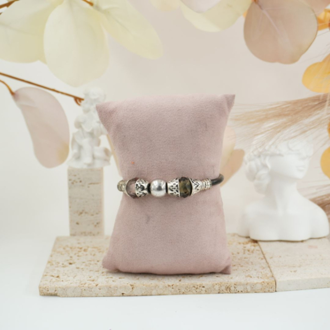 pulseras vie or de cuero negro con cuentas metálicas 12 uds I27