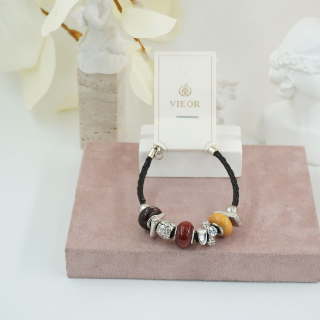 Pulseras trenzada negra con cuentas Vie Or 12 uds - I35