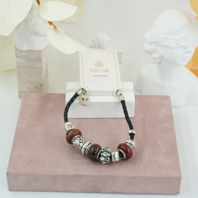 Pulseras trenzada negra con cuentas Vie Or 12 uds - I35