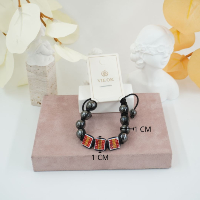 PulserasVie Oron cuentas negras y apliques rojos 12 uds - I35